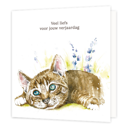 Op deze wenskaart staat een kat met daarboven de tekst: "Veel liefs voor jouw verjaardag". 