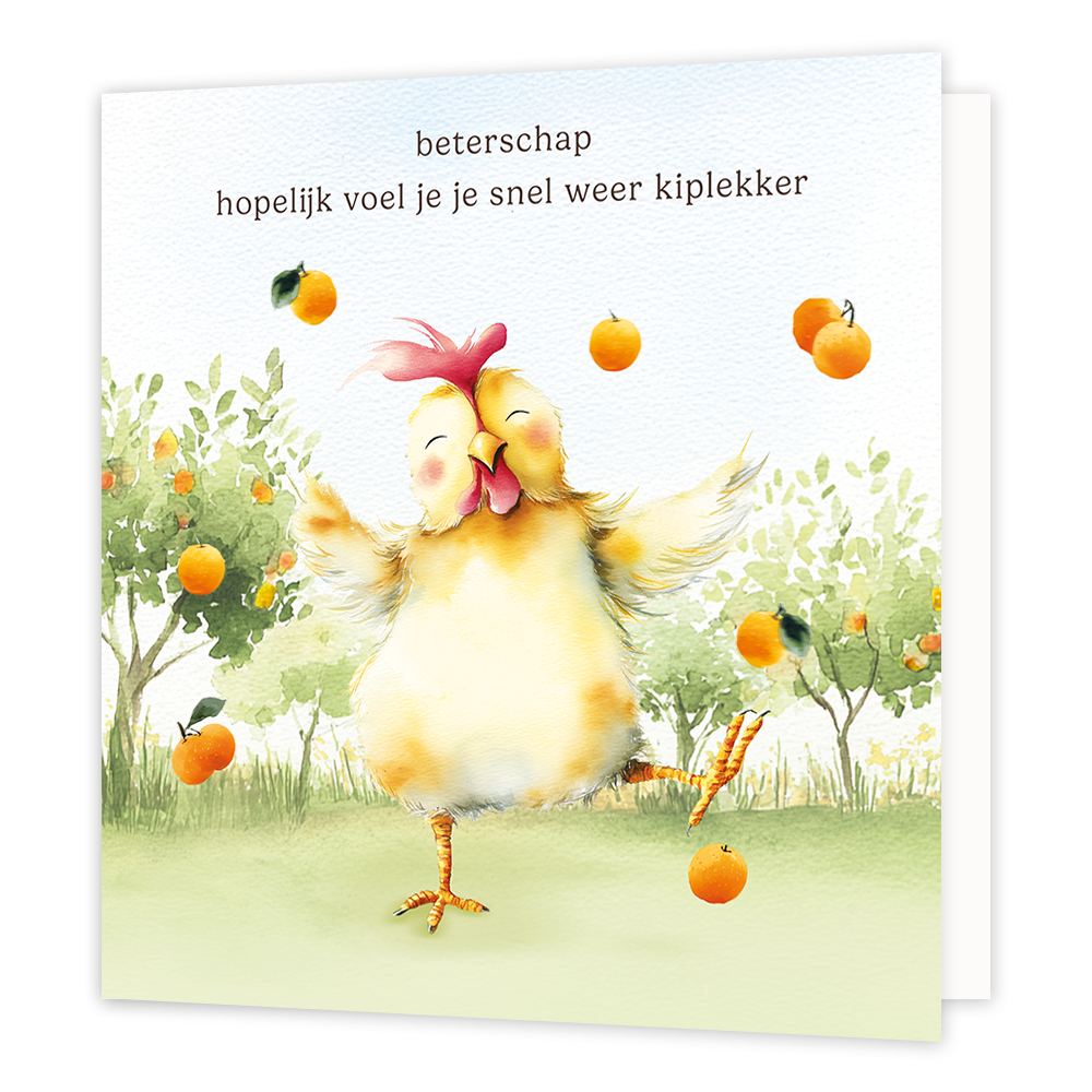 Beterschap hopelijk voel je je snel weer kiplekker - Formaat: Groot - Vorm: Vierkant - Beterschapskaart - Op deze wenskaart staat een dansende kip tussen de sinasappels. Boven de kip staat in het zwart de tekst 'beterschap hopelijk voel je je snel weer kiplekker'. - Snelwenskaart