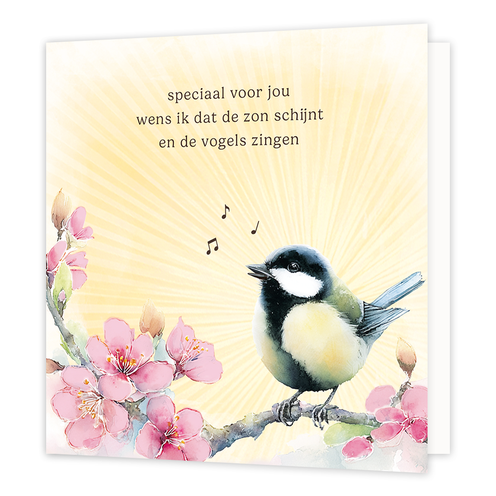 Speciaal voor jou wens ik dat de zon schijnt - Formaat: Standaard - Vorm: Vierkant - Denken aan kaart - Op deze wenskaart staat een illustratie van een zingende koolmees die op een tak met roze bloesem zit. Boven de vogel zweven enkele muzieknoten tegen een stralende, gele achtergrond die doet denken aan zonlicht. Centraal boven de illustratie staat in donkere letters de tekst "speciaal voor jou wens ik dat de zon schijnt en de vogels zingen". Het geheel is uitgevoerd in een zachte aquarelstijl. - Snelwens