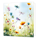 Bloemen en libellen - Formaat: Standaard - Vorm: Vierkant - Blanco kaart - Op deze wenskaart staat een levendige aquarelillustratie van een kleurrijk veld vol bloemen en grassen. Tussen de bloemen en in de lucht erboven vliegen meerdere libellen met doorschijnende, kleurrijke vleugels. De scène is uitgevoerd in een frisse en zonnige stijl met een lichtblauwe lucht op de achtergrond. - Snelwenskaart
