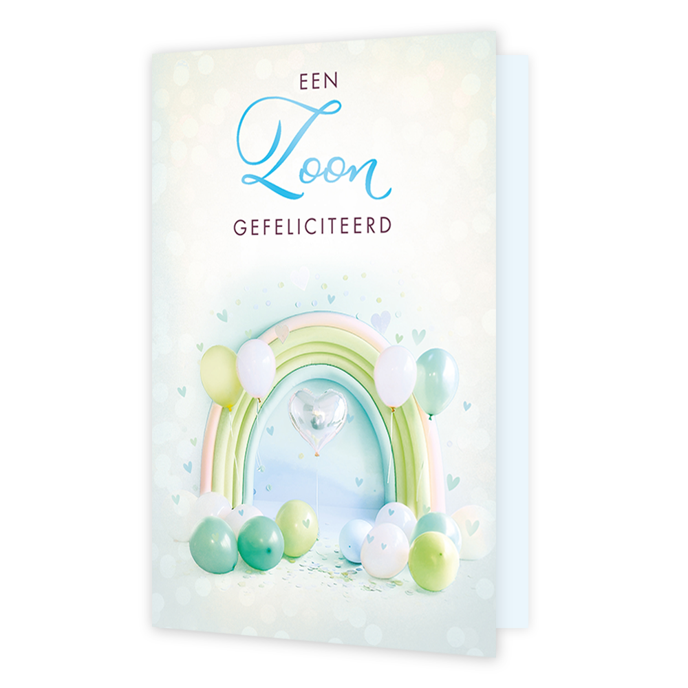 Een zoon gefeliciteerd - Formaat: Standaard - Vorm: Staand - Geboortekaart - Op deze wenskaart staat een feestelijke illustratie met een pastelkleurige regenboog, omringd door diverse ballonnen in zachte tinten en een hartvormige ballon in het midden. Bovenaan de kaart staat de tekst "EEN Zoon" in een combinatie van sierlijke en strakke letters, gevolgd door het woord "GEFELICITEERD" in hoofdletters. De voorgrond is versierd met confetti en kleine hartjes die in de lucht zweven. Het geheel heeft een lichte