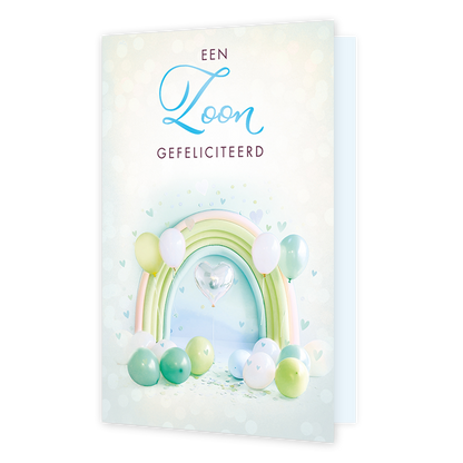 Een zoon gefeliciteerd - Formaat: Standaard - Vorm: Staand - Geboortekaart - Op deze wenskaart staat een feestelijke illustratie met een pastelkleurige regenboog, omringd door diverse ballonnen in zachte tinten en een hartvormige ballon in het midden. Bovenaan de kaart staat de tekst "EEN Zoon" in een combinatie van sierlijke en strakke letters, gevolgd door het woord "GEFELICITEERD" in hoofdletters. De voorgrond is versierd met confetti en kleine hartjes die in de lucht zweven. Het geheel heeft een lichte