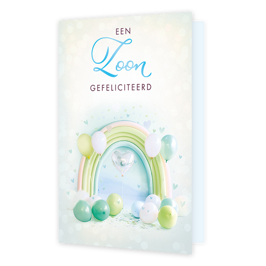 Een zoon gefeliciteerd - Formaat: Standaard - Vorm: Staand - Geboortekaart - Op deze wenskaart staat een feestelijke illustratie met een pastelkleurige regenboog, omringd door diverse ballonnen in zachte tinten en een hartvormige ballon in het midden. Bovenaan de kaart staat de tekst "EEN Zoon" in een combinatie van sierlijke en strakke letters, gevolgd door het woord "GEFELICITEERD" in hoofdletters. De voorgrond is versierd met confetti en kleine hartjes die in de lucht zweven. Het geheel heeft een lichte
