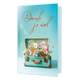 Dank je wel - Formaat: Standaard - Vorm: Staand - Bedankkaart - Op deze wenskaart staat een vintage, turquoise koffer die openstaat en gevuld is met een kleurrijk boeket van diverse veldbloemen. Boven de koffer staat in sierlijke, oranje letters de tekst "Dank je wel". De achtergrond is een egale, helderblauwe kleur die de frisse uitstraling van de bloemen benadrukt. - Snelwenskaart