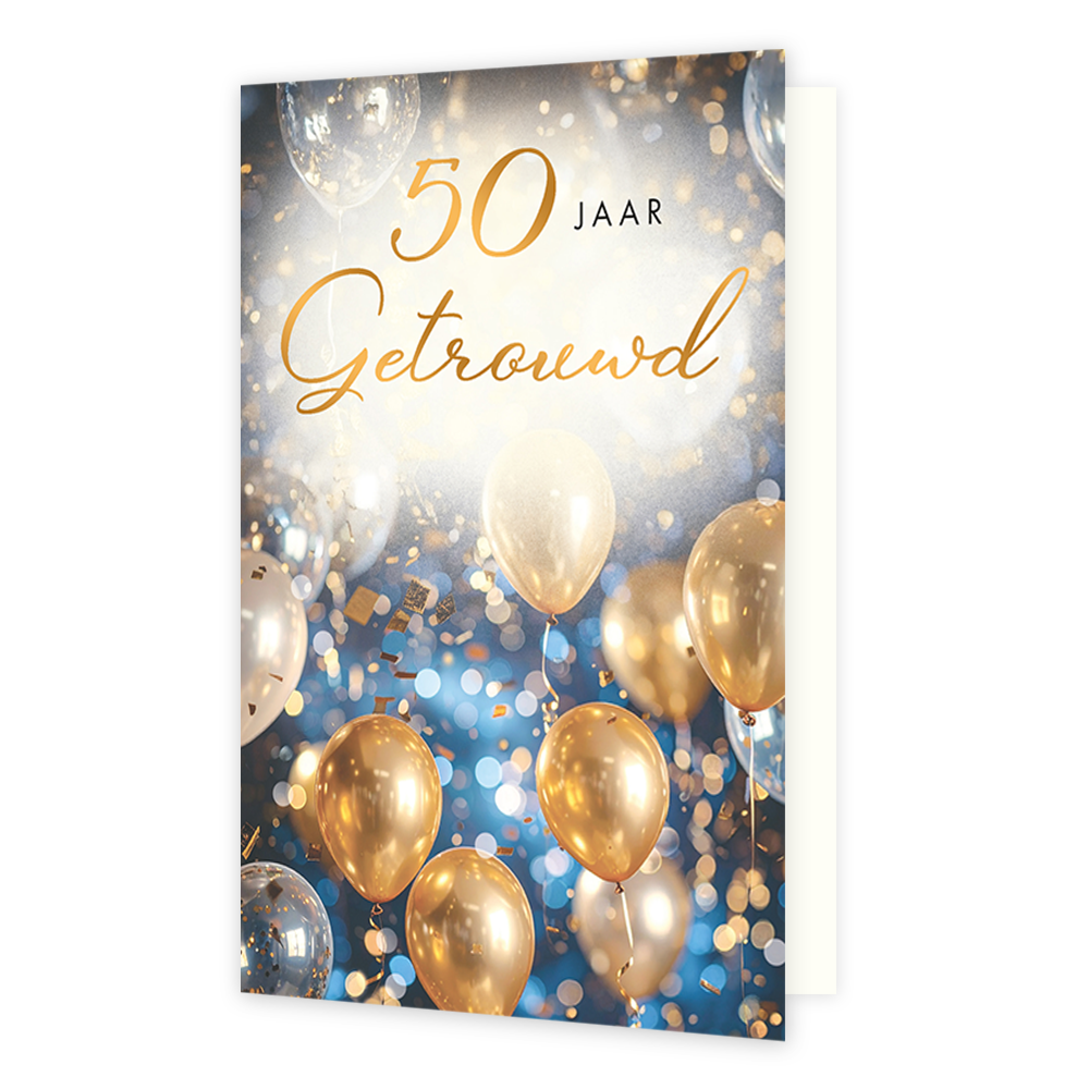 50 jaar getrouwd - Formaat: Standaard - Vorm: Staand - Jubileumkaart - Op deze wenskaart staat een feestelijke afbeelding gevuld met glanzende goudkleurige en transparante ballonnen tegen een diepblauwe achtergrond met lichtaccenten en confetti. Bovenaan de kaart is in grote, goudkleurige letters de tekst "50 JAAR Getrouwd" afgebeeld. Het geheel heeft een sprankelende en uitbundige uitstraling die een vijftigjarig jubileum viert. - Snelwenskaart
