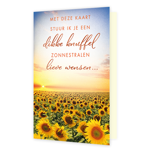 Met deze kaart stuur ik je een dikke knuffel - Formaat: Standaard - Vorm: Staand - Denken aan kaart - Op deze wenskaart staat een uitgestrekt zonnebloemenveld onder een warme zonsondergang aan de horizon. Centraal op de kaart staat de tekst "MET DEZE KAART STUUR IK JE EEN dikke knuffel ZONNESTRALEN lieve wensen..." in een combinatie van strakke en sierlijke letters. De heldere gele bloemen en de zachte kleuren van de lucht creëren een warme en troostrijke sfeer. - Snelwenskaart