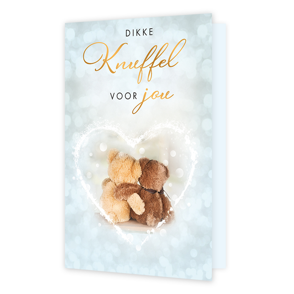 Dikke knuffel voor jou - Formaat: Standaard - Vorm: Staand - Denken aan kaart - Op deze wenskaart zitten twee teddyberen in een knuffel tegen elkaar aan, omringd door een lichtgevend, wit getekend hart. Bovenaan de kaart staat in zwarte en goudkleurige letters de tekst "DIKKE Knuffel VOOR jou". De achtergrond is lichtblauw met een zacht, sprankelend bokeh-effect. Het geheel straalt een warme en troostrijke sfeer uit. - Snelwenskaart