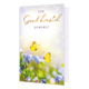 Een goed herstel gewenst - Formaat: Standaard - Vorm: Staand - Beterschapskaart - Op deze wenskaart vliegen twee gele vlinders boven een veld met kleine blauwe bloemen, omringd door een zachte, dromerige achtergrond. Bovenaan de kaart staat de tekst "EEN Goed herstel GEWENST" in een combinatie van paarse hoofdletters en een sierlijk, goudkleurig lettertype. De lichte kleuren en het bokeh-effect creëren een vredige en hoopvolle sfeer. Dit beeld is bedoeld om iemand op een rustgevende manier sterkte te wense