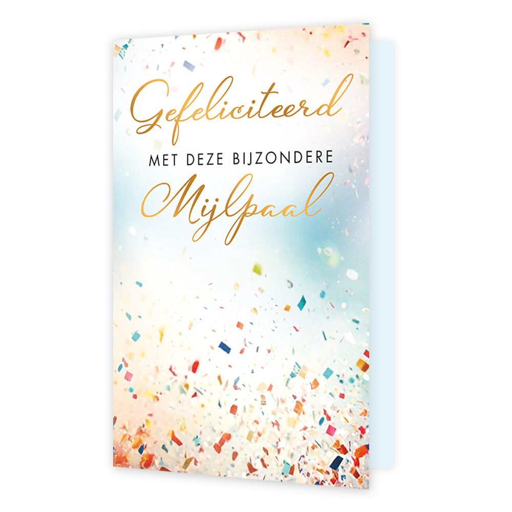 Gefeliciteerd met deze bijzondere mijlpaal - Formaat: Standaard - Vorm: Staand - Felicitatiekaart - Op deze wenskaart is een feestelijke achtergrond vol dwarrelende, kleurrijke confetti te zien tegen een zachte, lichtblauwe en witte tint. Centraal op de kaart staat de tekst "Gefeliciteerd MET DEZE BIJZONDERE Mijlpaal" geschreven in een combinatie van sierlijke, goudkleurige letters en strakke zwarte hoofdletters. De vrolijke kleuren en de confetti zorgen voor een feestelijke en feestwaardige uitstraling. H