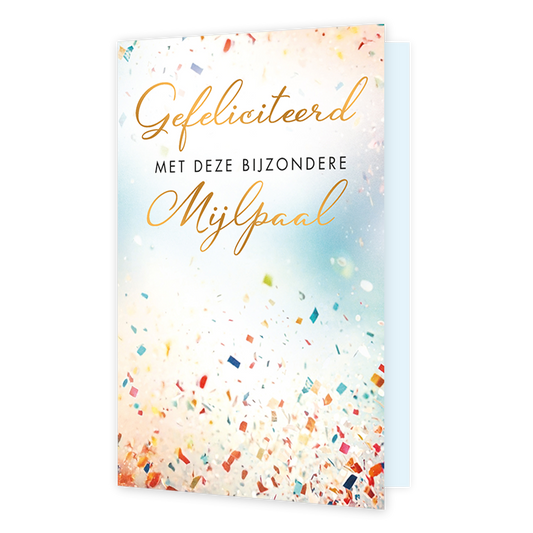 Gefeliciteerd met deze bijzondere mijlpaal - Formaat: Standaard - Vorm: Staand - Felicitatiekaart - Op deze wenskaart is een feestelijke achtergrond vol dwarrelende, kleurrijke confetti te zien tegen een zachte, lichtblauwe en witte tint. Centraal op de kaart staat de tekst "Gefeliciteerd MET DEZE BIJZONDERE Mijlpaal" geschreven in een combinatie van sierlijke, goudkleurige letters en strakke zwarte hoofdletters. De vrolijke kleuren en de confetti zorgen voor een feestelijke en feestwaardige uitstraling. H