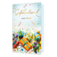 Op deze wenskaart staan onderaan diverse kleurrijke cadeautjes met linten op een ondergrond bezaaid met confetti en serpentines. Bovenaan de kaart staat de tekst "Gefeliciteerd VAN ons" in een combinatie van sierlijke, goudkleurige letters en strakke zwarte letters. De lichte, blauwachtige achtergrond en de feestelijke elementen creëren een vrolijke en uitnodigende sfeer. Het geheel is ontworpen om een gezamenlijke felicitatie over te brengen.