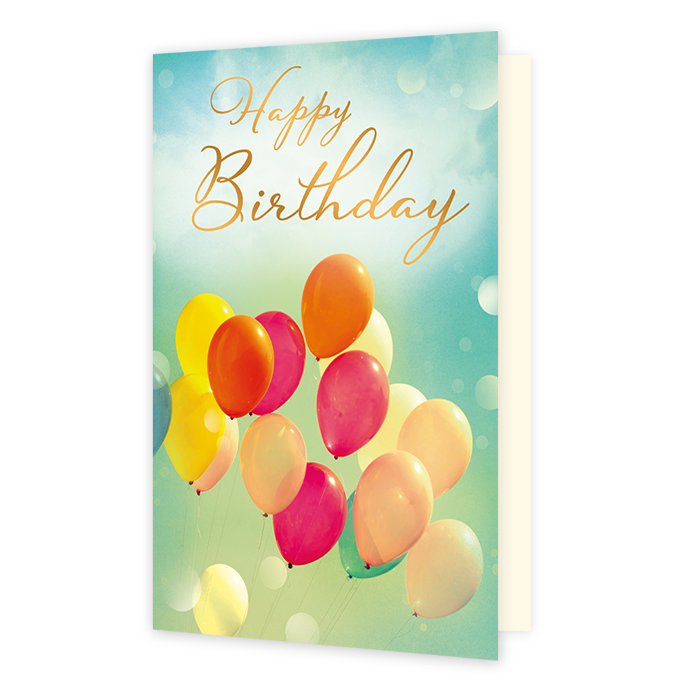 Happy birthday - Formaat: Standaard - Vorm: Staand - Verjaardagskaart - Op deze wenskaart zweeft een kleurrijke bos ballonnen tegen een lichtblauwe, dromerige achtergrond met subtiele lichtbolletjes. Bovenaan staat de tekst "Happy Birthday" geschreven in een sierlijk, goudkleurig lettertype. De ballonnen hebben diverse vrolijke kleuren, waaronder geel, oranje, roze en crèmetinten. Het geheel straalt een feestelijke en optimistische verjaardagssfeer uit. - Snelwenskaart