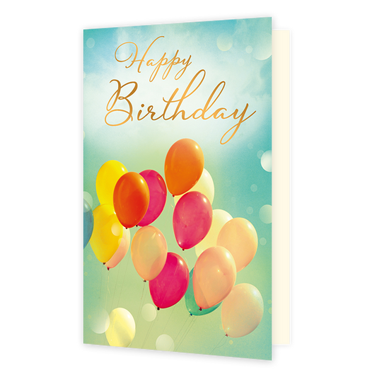 Happy birthday - Formaat: Standaard - Vorm: Staand - Verjaardagskaart - Op deze wenskaart zweeft een kleurrijke bos ballonnen tegen een lichtblauwe, dromerige achtergrond met subtiele lichtbolletjes. Bovenaan staat de tekst "Happy Birthday" geschreven in een sierlijk, goudkleurig lettertype. De ballonnen hebben diverse vrolijke kleuren, waaronder geel, oranje, roze en crèmetinten. Het geheel straalt een feestelijke en optimistische verjaardagssfeer uit. - Snelwenskaart