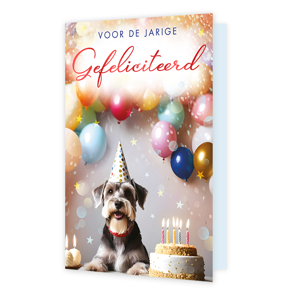 Voor de jarige gefeliciteerd - Formaat: Standaard - Vorm: Staand - Verjaardagskaart - Op deze wenskaart staat een hond met een feestelijk punthoedje op, die naast een verjaardagstaart met brandende kaarsjes zit. De achtergrond is gevuld met kleurrijke ballonnen, glinsterende sterretjes en vrolijke bokeh-effecten. Bovenaan de kaart staat de tekst "VOOR DE JARIGE Gefeliciteerd" in een combinatie van strakke donkerblauwe hoofdletters en een opvallend rood scriptlettertype. Het geheel vormt een vrolijke en fee