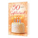 Op deze wenskaart staat een verjaardagstaart met wit glazuur en gekleurde hagelslag, versierd met acht brandende kaarsjes. Bovenaan de kaart staat de tekst "50 JAAR Gefeliciteerd" in een combinatie van grote, rode tekens en strakke zwarte hoofdletters. De achtergrond is warm oranje van kleur en voorzien van een sfeervol bokeh-effect met fonkelende sterretjes. Dit ontwerp is bedoeld om op feestelijke wijze een vijftigste verjaardag te vieren.