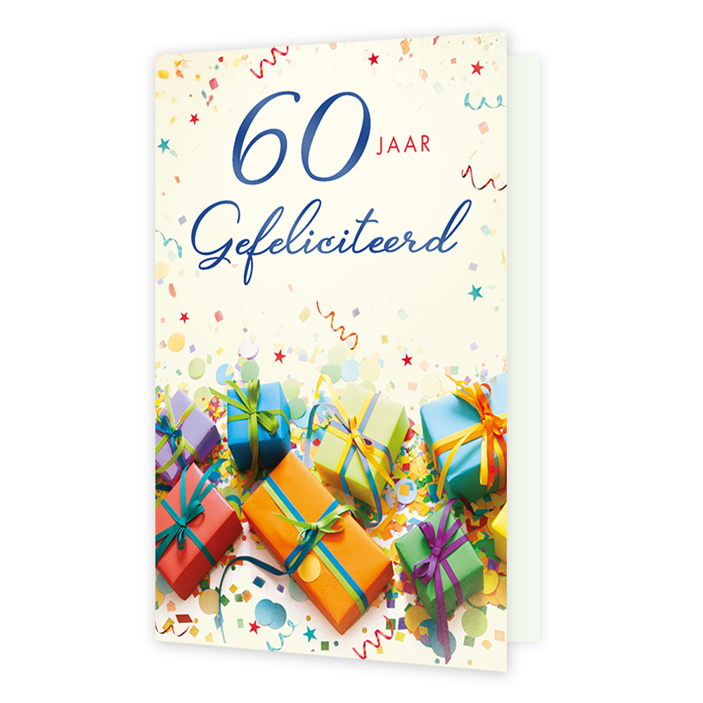 60 jaar gefeliciteerd - Formaat: Standaard - Vorm: Staand - Verjaardagskaart - Op deze wenskaart staan onderaan kleurrijke cadeautjes met strikken op een ondergrond vol confetti en serpentines. Bovenaan prijkt de tekst "60 JAAR Gefeliciteerd" in een combinatie van grote blauwe cijfers, rode hoofdletters en een sierlijk blauw lettertype. De lichte achtergrond en de feestelijke elementen zorgen voor een vrolijke en feestelijke uitstraling. Een perfect ontwerp om iemand op een feestelijke wijze te feliciteren