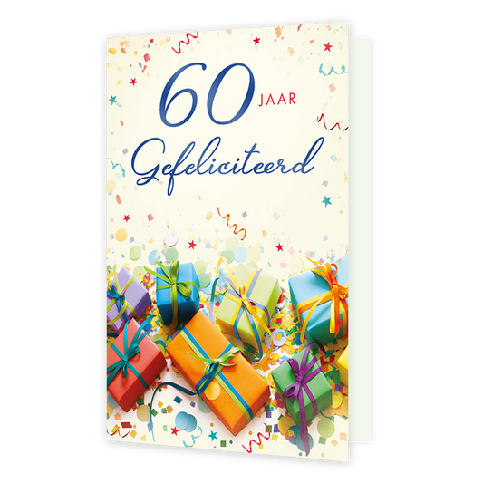 60 jaar gefeliciteerd - Formaat: Standaard - Vorm: Staand - Verjaardagskaart - Op deze wenskaart staan onderaan kleurrijke cadeautjes met strikken op een ondergrond vol confetti en serpentines. Bovenaan prijkt de tekst "60 JAAR Gefeliciteerd" in een combinatie van grote blauwe cijfers, rode hoofdletters en een sierlijk blauw lettertype. De lichte achtergrond en de feestelijke elementen zorgen voor een vrolijke en feestelijke uitstraling. Een perfect ontwerp om iemand op een feestelijke wijze te feliciteren