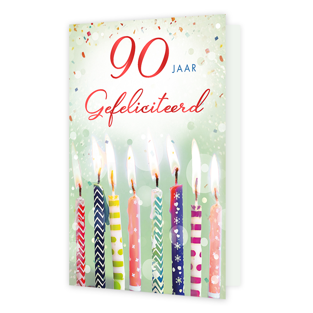 90 jaar gefeliciteerd - Formaat: Standaard - Vorm: Staand - Verjaardagskaart - Op deze wenskaart staan acht kleurrijke, brandende kaarsjes met diverse patronen tegen een lichtgroene achtergrond vol confetti en bokeh-effecten. Bovenaan prijkt de tekst "90 JAAR Gefeliciteerd" in een combinatie van grote rode cijfers, strakke blauwe hoofdletters en een elegant, rood scriptlettertype. De vrolijke versieringen op de kaarsjes zorgen voor een feestelijke uitstraling. Een perfect ontwerp om iemand op vrolijke wijz