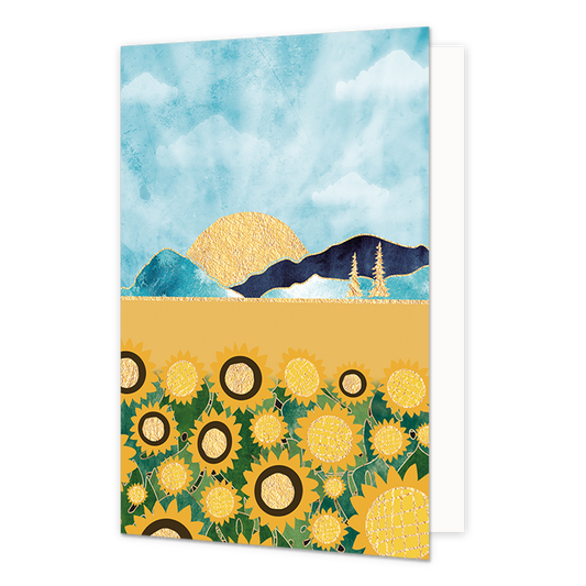 Zonnebloemenveld - Formaat: Normaal - Vorm: Staand - Blanco kaart - Op deze artstieke wenskaart staat een zonnebloemenveld met op de achtergrond de zon en bergen. - Snelwenskaart