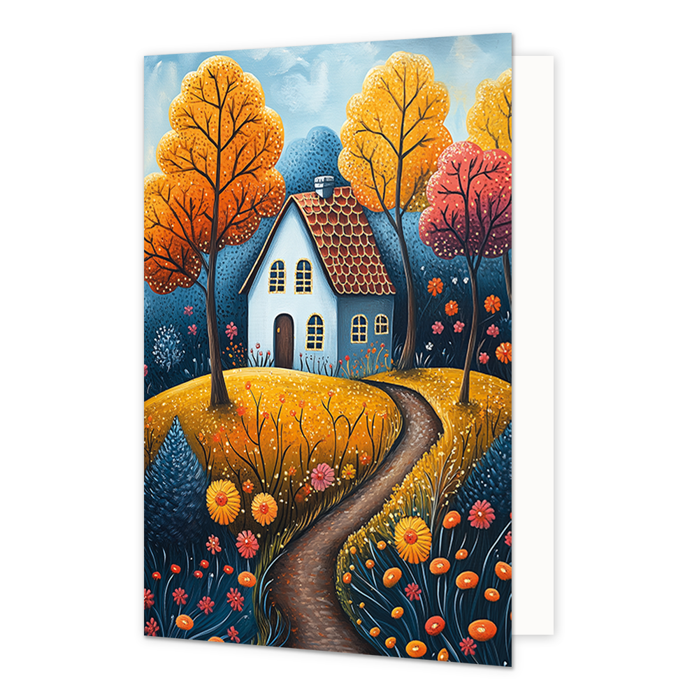 Boshuis - Formaat: Standaard - Vorm: Staand - Blanco kaart - Op deze artistieke wenskaart staat een wit huis midden in een bos met de kleuren oranje, rood en blauw. - Snelwenskaart