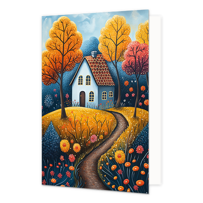 Boshuis - Formaat: Standaard - Vorm: Staand - Blanco kaart - Op deze artistieke wenskaart staat een wit huis midden in een bos met de kleuren oranje, rood en blauw. - Snelwenskaart