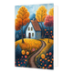 Boshuis - Formaat: Standaard - Vorm: Staand - Blanco kaart - Op deze artistieke wenskaart staat een wit huis midden in een bos met de kleuren oranje, rood en blauw. - Snelwenskaart