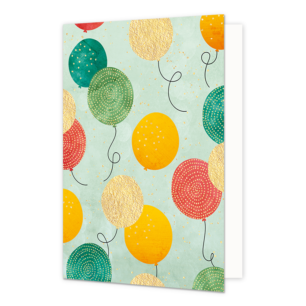 Ballonnen - Formaat: Standaard - Vorm: Staand - Blanco kaart - Op deze artistieke wenskaart staan ballonnen in de kleuren goud, oranje, rood en diverse kleuren groen. - Snelwenskaart