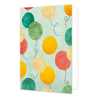 Ballonnen - Formaat: Standaard - Vorm: Staand - Blanco kaart - Op deze artistieke wenskaart staan ballonnen in de kleuren goud, oranje, rood en diverse kleuren groen. - Snelwenskaart
