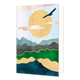 Landschap - Formaat: Standaard - Vorm: Staand - Blanco kaart - Op deze artistieke wenskaart staat een berglandschap waar een vogel door de lucht vliegt met de zon op de achtergrond. - Snelwenskaart