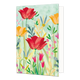 Bloemen - Formaat: Standaard - Vorm: Staand - Blanco kaart - Op deze wenskaart staat een kleurrijke illustratie van een bloemenveld met rode tulpen, oranje bloemen en diverse roze en blauwe flora tegen een lichtgroene achtergrond. De rode bloemen zijn versierd met fijne gouden glitters, terwijl sommige bladeren en stengels zijn uitgevoerd in een goudkleurige textuur. De verschillende bloemen en planten groeien tussen gestileerde groene en gele grassprieten, wat zorgt voor een gelaagd effect - Snelwenskaart