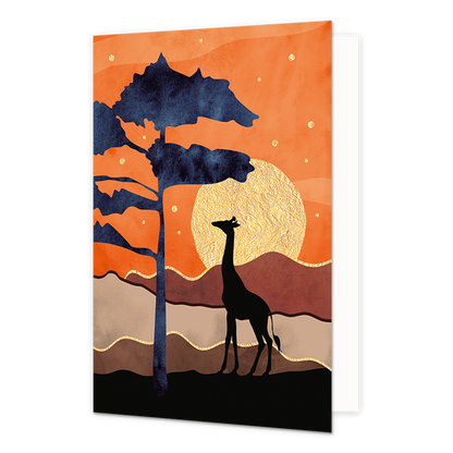 Giraffe - Formaat: Standaard - Vorm: Staand - Blanco kaart - Op deze artistieke wenskaart staat een savanne landschap waar een giraffe staat bij een boom. - Snelwenskaart