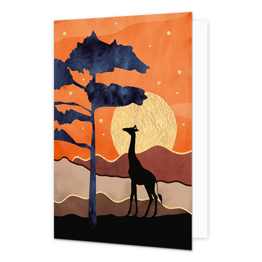 Giraffe - Formaat: Normaal - Vorm: Staand - Blanco kaart - Op deze artistieke wenskaart staat een savanne landschap waar een giraffe staat bij een boom. - Snelwenskaart