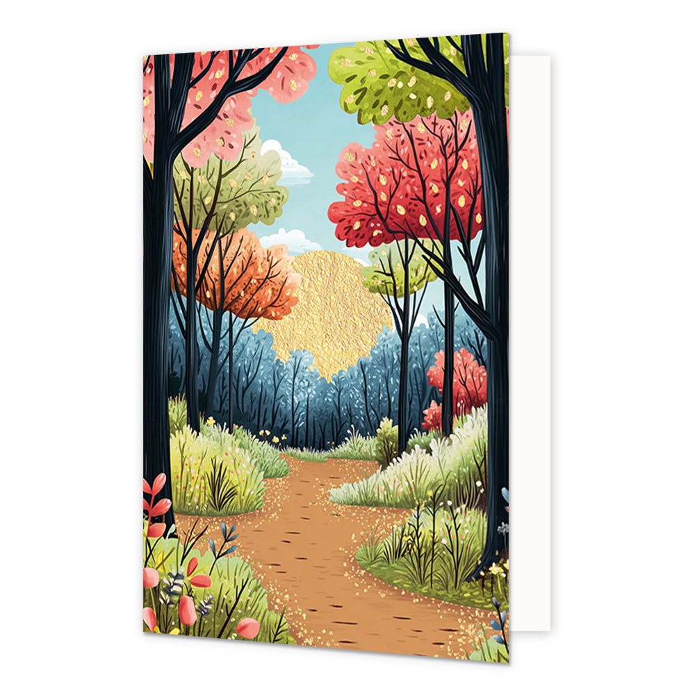Bos - Formaat: Standaard - Vorm: Staand - Blanco kaart - Op deze artistieke wenskaart staat een bos met groene, roze, oranje en blauwe bomen. - Snelwenskaart