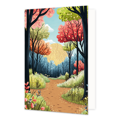 Bos - Formaat: Standaard - Vorm: Staand - Blanco kaart - Op deze artistieke wenskaart staat een bos met groene, roze, oranje en blauwe bomen. - Snelwenskaart