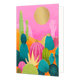 Cactussen - Formaat: Standaard - Vorm: Staand - Blanco kaart - Op deze wenskaart staan meerdere gekleurde cactussen op een roze achtergrond. De maan en een aantal cactussen hebben goudendetails. - Snelwenskaart