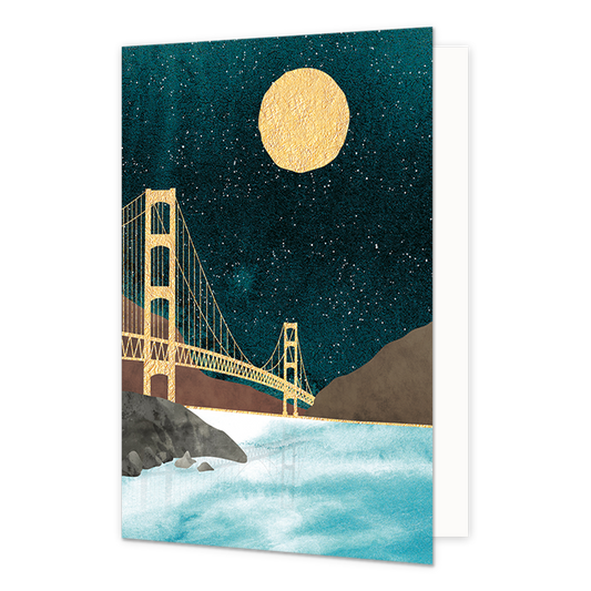 Golden gate bridge - Formaat: Normaal - Vorm: Staand - Blanco kaart - Op deze artistieke wenskaart staat de Golden gate bridge in een nachtlandschap. - Snelwenskaart