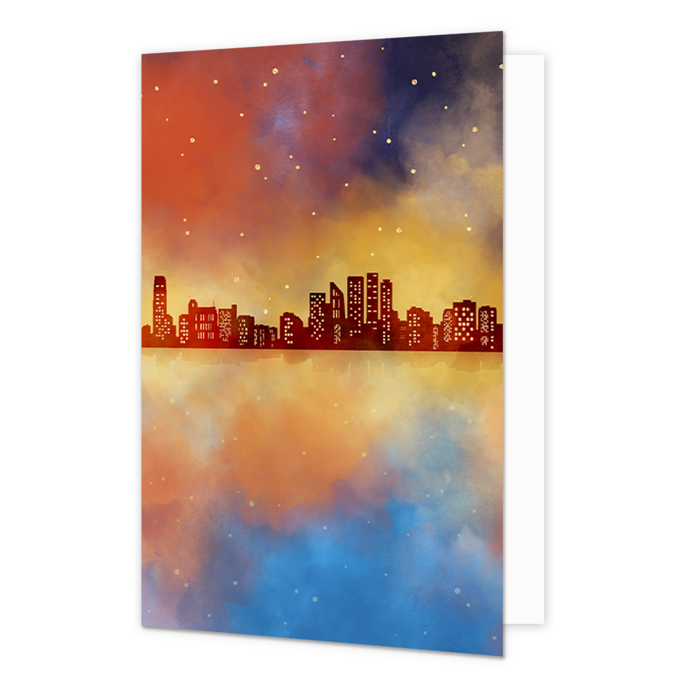 Skyline - Formaat: Standaard - Vorm: Staand - Blanco kaart - Op deze artistieke wenskaart staat de skyline van een stad. - Snelwenskaart
