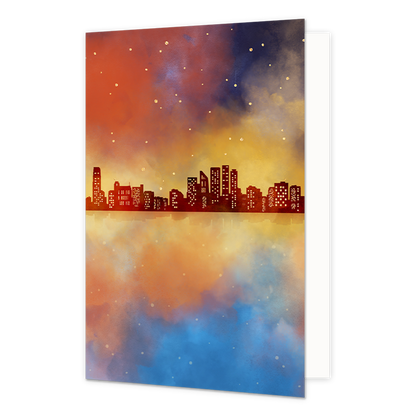 Skyline - Formaat: Standaard - Vorm: Staand - Blanco kaart - Op deze artistieke wenskaart staat de skyline van een stad. - Snelwenskaart