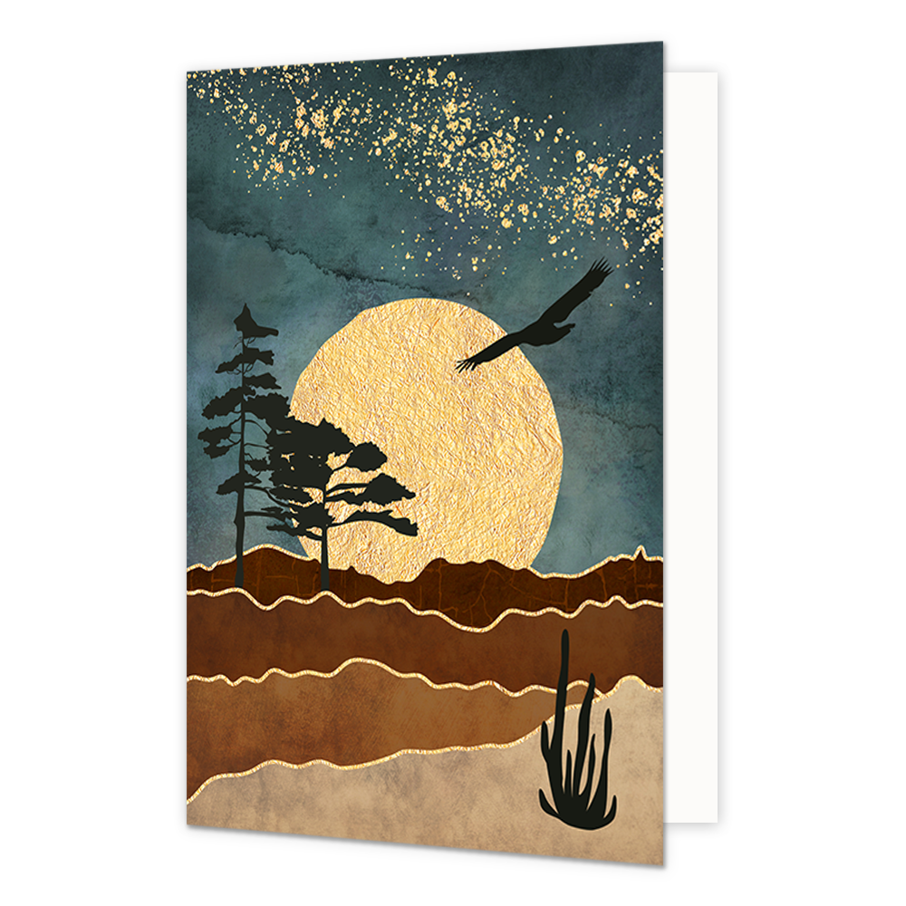 Nacht lucht - Formaat: Standaard - Vorm: Staand - Blanco kaart - Op deze artistieke wenskaart staat een nachtlandschap waar een gouden maan, zwarte vogel en zwarte bomen staan. - Snelwenskaart