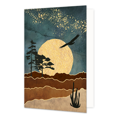 Nacht lucht - Formaat: Standaard - Vorm: Staand - Blanco kaart - Op deze artistieke wenskaart staat een nachtlandschap waar een gouden maan, zwarte vogel en zwarte bomen staan. - Snelwenskaart