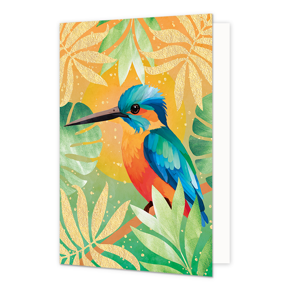 Tropische vogel - Formaat: Standaard - Vorm: Staand - Blanco kaart - Op deze artistieke wenskaart staat een tropische vogel die tussen de bladeren zit. - Snelwenskaart