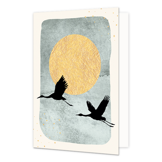 Vogels - Formaat: Normaal - Vorm: Staand - Blanco kaart - Op deze artistieke wenskaart staan twee zwarte vogels op een grijze achtergrond met een gouden zon. - Snelwenskaart