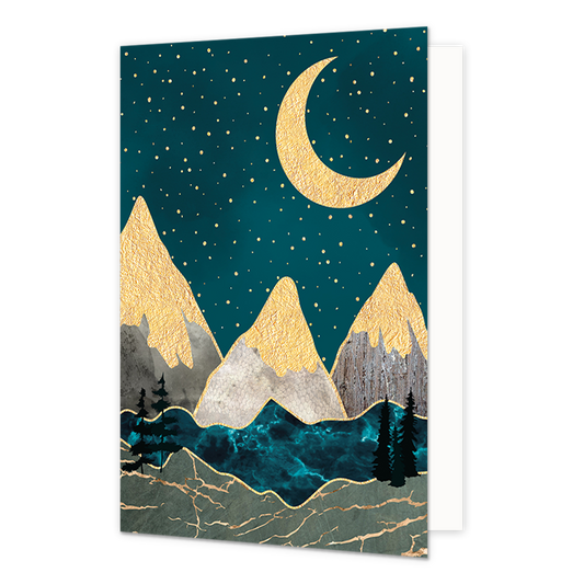 Nacht berglandschap - Formaat: Normaal - Vorm: Staand - Blanco kaart - Op deze artistieke wenskaart staan een nacht landschap met gouden bergen en een gouden halve maan. - Snelwenskaart