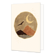 Nacht landschap - Formaat: Standaard - Vorm: Staand - Blanco kaart - Op deze artistieke wenskaart staat een nachtlandschap in een cirkel met een vogel, bergen en een halve gouden maan. - Snelwenskaart