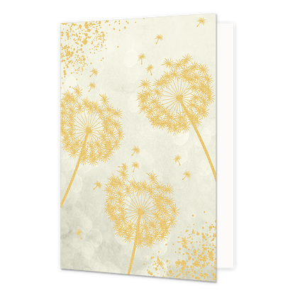 Paardenbloemen - Formaat: Standaard - Vorm: Staand - Blanco kaart - Op deze artistieke wenskaart staan drie gouden paardenbloemen op een beige achtergrond. - Snelwenskaart