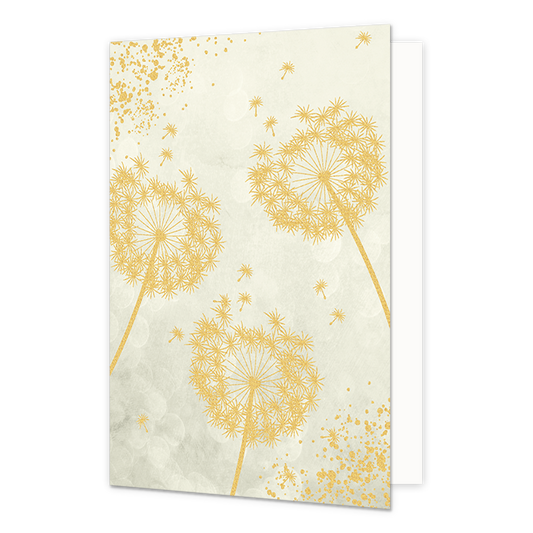 Paardenbloemen - Formaat: Normaal - Vorm: Staand - Blanco kaart - Op deze artistieke wenskaart staan drie gouden paardenbloemen op een beige achtergrond. - Snelwenskaart