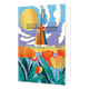 Molen in Nederlands landschap - Formaat: Standaard - Vorm: Staand - Blanco kaart - Op deze wenskaart zie je een molen in een nederlands landschap staan. Op de voorgrond staan tulpen en op de achtergrond een grote zon. De zon en tulpen bestaan deels uit goudfolie met textuur. - Snelwenskaart