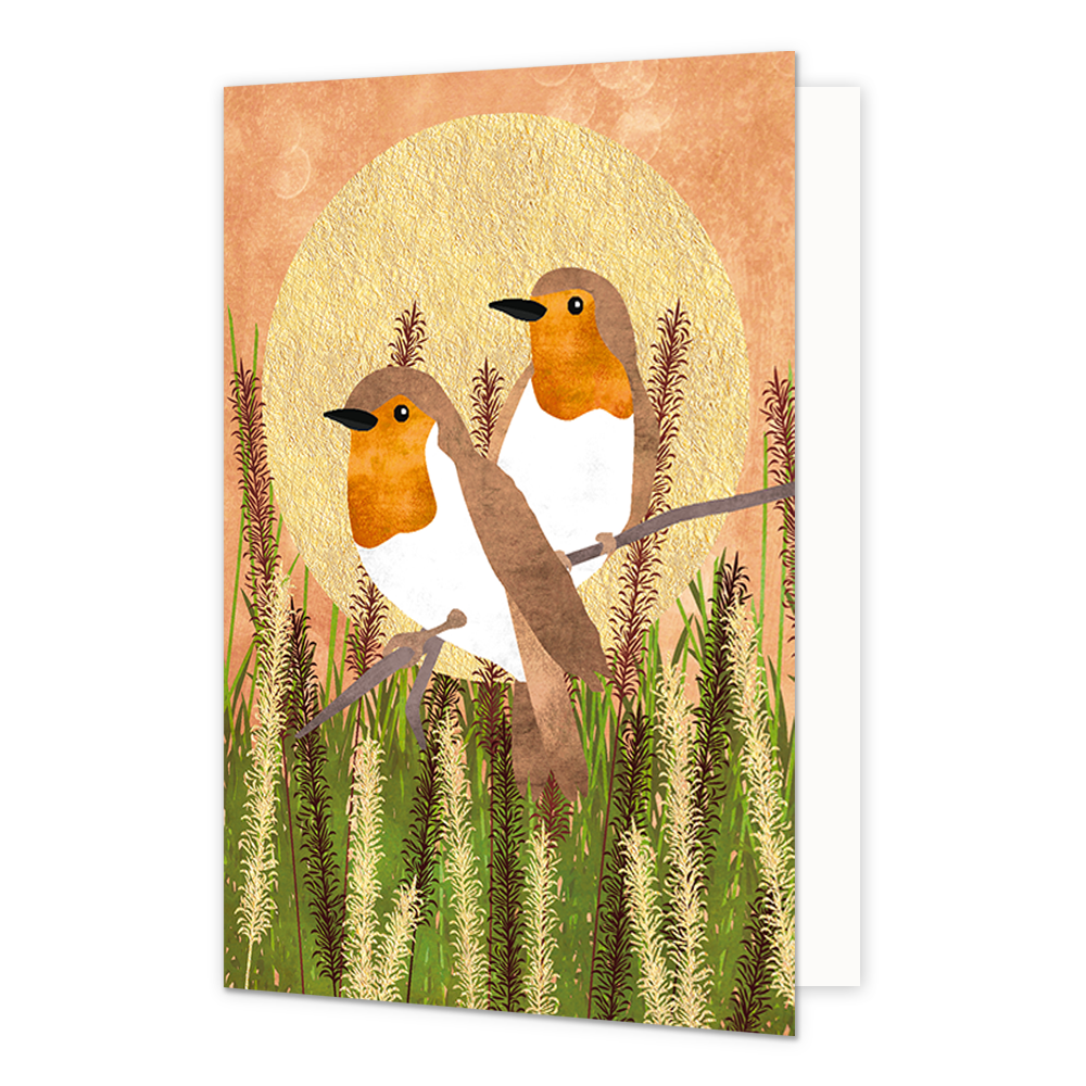 Roodborstjes - Formaat: Normaal - Vorm: Staand - Blanco kaart - Op deze artistieke wenskaart staan twee roodborstjes met op de achtergrond een grote gouden zon. - Snelwenskaart