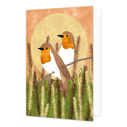 Roodborstjes - Formaat: Normaal - Vorm: Staand - Blanco kaart - Op deze artistieke wenskaart staan twee roodborstjes met op de achtergrond een grote gouden zon. - Snelwenskaart