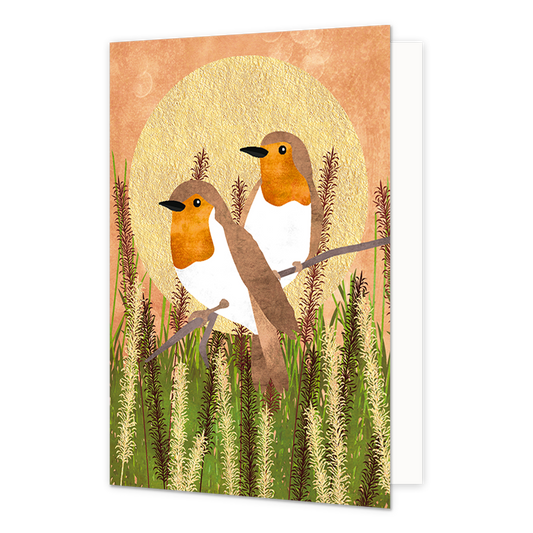 Roodborstjes - Formaat: Normaal - Vorm: Staand - Blanco kaart - Op deze artistieke wenskaart staan twee roodborstjes met op de achtergrond een grote gouden zon. - Snelwenskaart